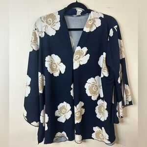 Clientele, sz XL navy blue and gold floral blouse, flared sleeves made in Canada